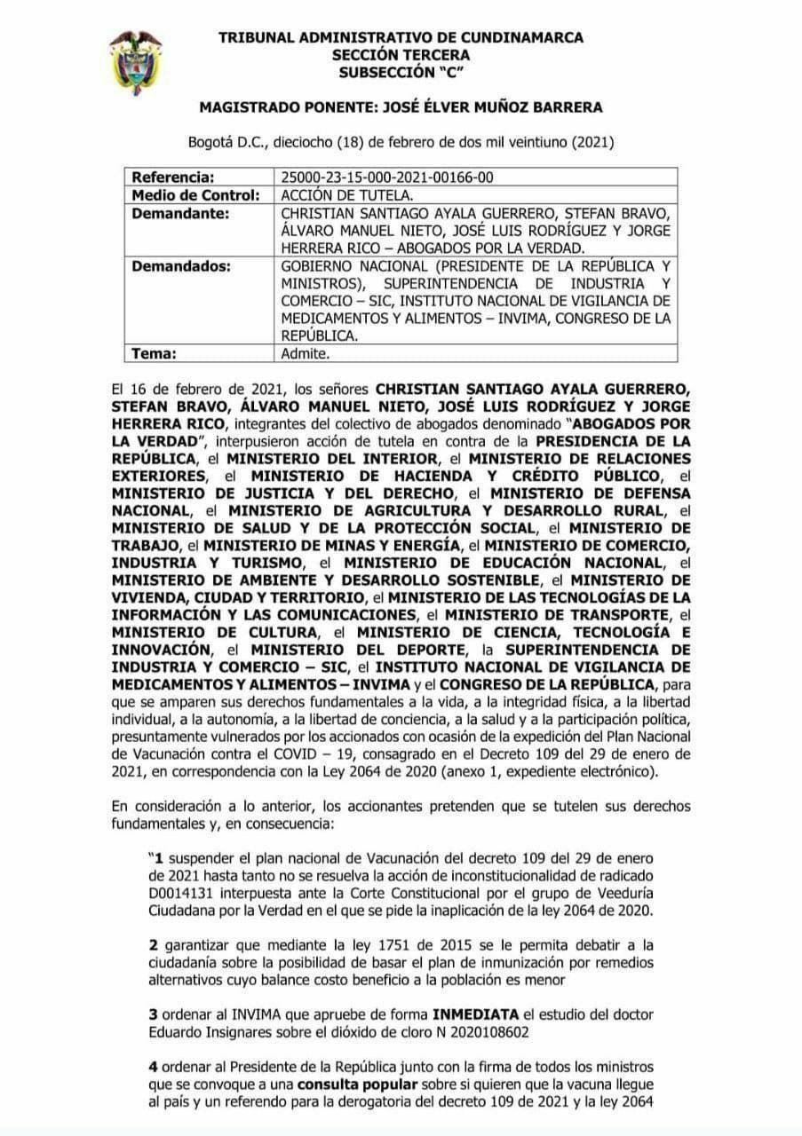 Tribunal de Colombia ordena la suspensión del plan de vacunación y la aprobación inmediata del estudio de Dióxido de Cloro